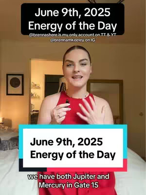 A woman is centered in the frame, appearing to film herself against a softly lit background. She wears a red tank top and a delicate necklace. A text overlay at the top reads "June 9th, 2025 Energy of the Day" in a bold, black font, accompanied by smaller text indicating social media handles. A second text overlay near the bottom repeats the title with additional text about Jupiter and Mercury in Gate 15. The overall composition suggests a vlog or informational video.