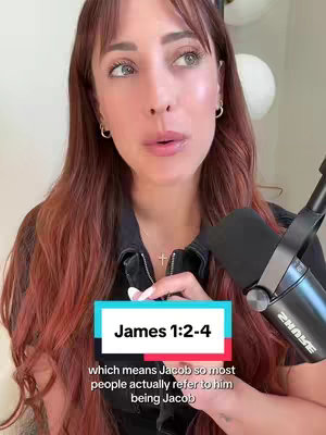 A woman with long auburn hair and light makeup is centered in the shot, speaking directly to the camera. The background includes soft, out-of-focus elements. Overlayed at the bottom is a rectangular box containing text from the Book of James.
