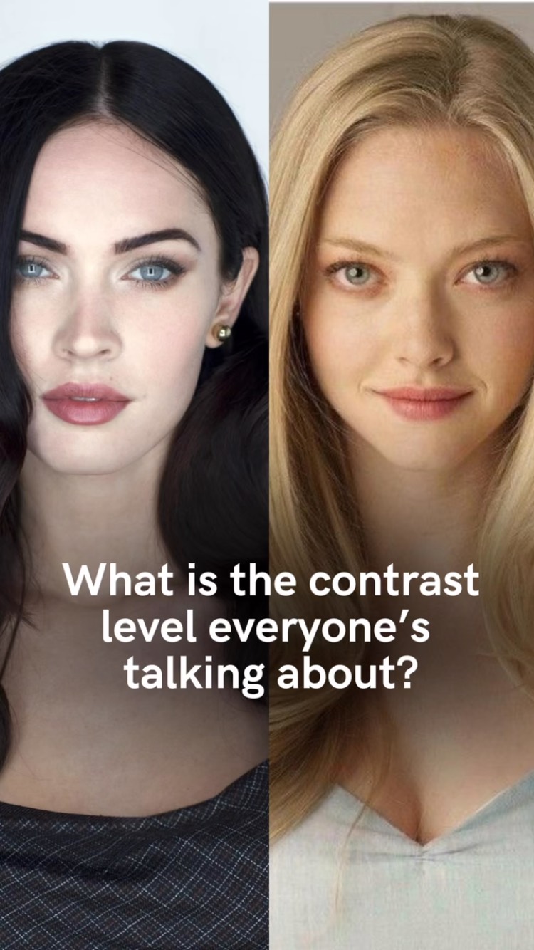 A split image featuring two women's faces. The left side shows a woman with dark hair and makeup, while the right side features a woman with blonde hair and lighter makeup. Text overlaid on the image asks about skin contrast.