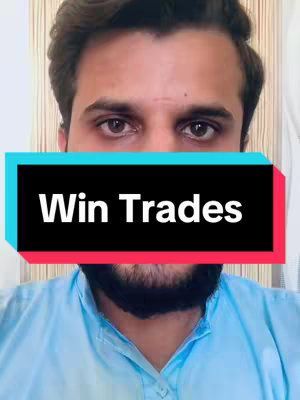 The cover image is a selfie of a man from the chest up, framed from the top of the head to just below the collarbone. The man has brown hair and a beard and is wearing a light blue shirt. Overlaid across his lower face is a rectangular box composed of a black bar framed by blue and pink colored bars, containing the white text "Win Trades."