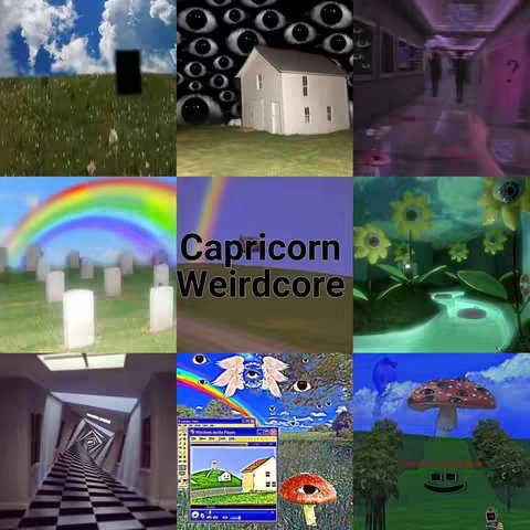 A grid of nine distinct images with various elements and styles, including a house with numerous eyes, a graveyard with a rainbow, a surreal hallway, and text that says Capricorn Weirdcore. The overall aesthetic is disjointed with dreamcore and darkcore vibes.