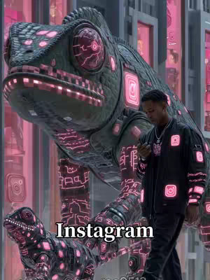 A digital artwork showing a stylized image of a man standing near a large, robotic chameleon. The reptile, colored in dark grays and greens, is adorned with glowing pink outlines and lights, resembling digital circuits. It appears to be a personification of Instagram, with its form hinting at technology and social media. The man is wearing a black jacket with Instagram logo patches, standing casually, seemingly interacting with a phone. The background suggests a futuristic cityscape rendered in pink hues. The word 'Instagram' is written in bold white text at the bottom of the image.