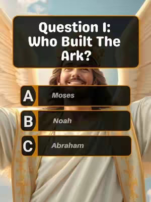 The video features a quiz question about the Bible displayed over an image of a person with their arms outstretched, framed to look like wings. The question is in a black box, and the choices are in individual boxes labeled A, B, and C, all in bold white font, against an image of a man in white robes and with a blurred background.