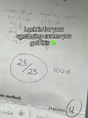 A close-up shot of a math problem on a white paper, with handwritten equations and a highlighted section. Overlayed text encourages viewers to lock in for upcoming exams. A perfect score of 25/25 is visible.