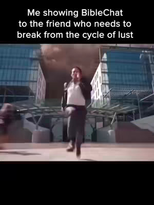 A person runs towards the camera in a futuristic setting, with tall buildings in the background. There is overlay text at the top.