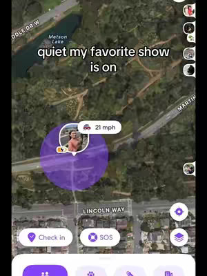 A screen recording from the Life360 app showing a map view. A person is located and their vehicle's speed is shown. Text overlays include location names and a humorous caption.