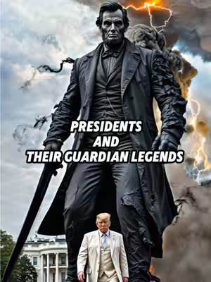 The image is an AI-generated artwork. The primary focus is on a towering figure, reminiscent of Abraham Lincoln, made of stone, and appears to be a guardian. Below this figure, on a smaller scale, is an image of Donald Trump. The composition uses a dark color for the Lincoln-like figure in the foreground, and a white suit with some red and light blue tones for the Trump image, set against a background of swirling clouds, dark storms, and streaks of lightning. Text overlays the image, identifying the subject as 'Presidents and Their Guardian Legends'.