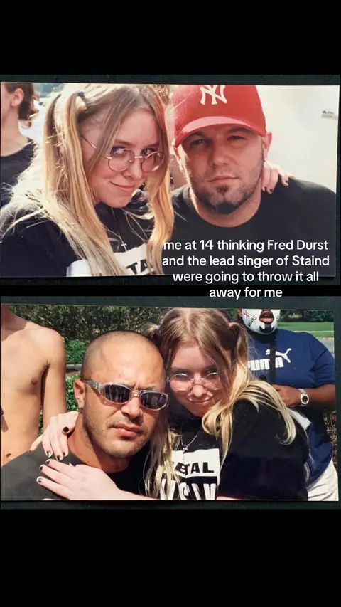 The cover image is a split picture. The top half shows a young woman with blonde pigtails, round glasses, and a black shirt posing with a man in a red New York Yankees hat with a beard. The bottom half has the same woman smiling next to a man with sunglasses. The overall composition is informal, suggesting a personal or memory-based theme.