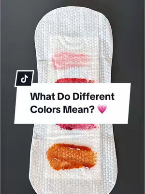The cover image shows a sanitary pad with different colors of menstrual blood on it. There is a TikTok logo in the top left corner and text overlayed on a white rectangular box indicating the video addresses the meaning of those colors.