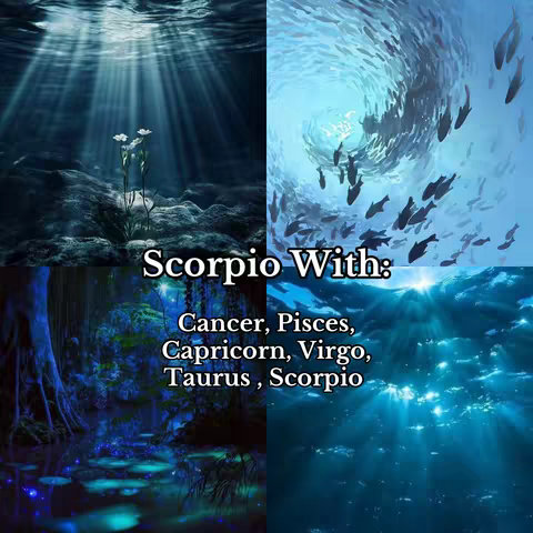 The image is a split quad, each quadrant depicting a different underwater scene. The top left shows a cluster of white flowers underwater with bright light shining through. The top right depicts a school of fish swimming in a spiral formation against a blue background. The bottom left displays a shaded underwater scene with blue lights and a dark tree-like structure. The bottom right showcases a brightly lit underwater scene with beams of light. Overlaid in the center and in bold white text is the phrase "Scorpio With:", followed by a list of zodiac signs: Cancer, Pisces, Capricorn, Virgo, Taurus, and Scorpio.