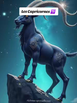 The image is a digital artwork featuring a dark blue demonic goat standing on a large rock against a starry night sky. The goat has large, curved horns, and its fur is detailed with intricate patterns. The text in white letters reads "Les Capricornes" with a purple rectangle around it, followed by the Capricorn symbol.