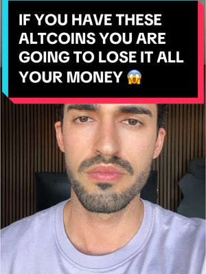 A man with a serious expression looks directly at the camera. Above him is a bar of red and black with the text highlighting that altcoins are going to lose money.