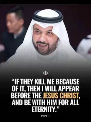 The image features a man in traditional Middle Eastern attire, a white headdress and robe, with text overlayed on a dark gradient background. The man is smiling and looking slightly to the side. The text is a bold statement about faith and eternity, with a cross symbol at the top.