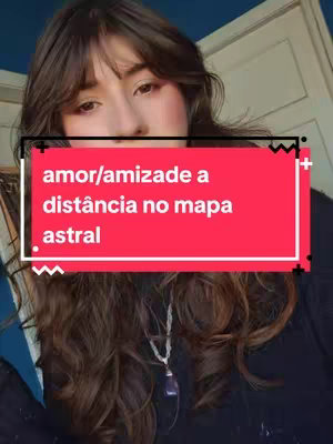 The cover image is a selfie with a woman taking up most of the frame from the chest up. She has long, wavy brown hair with bangs that cover part of her forehead. She has light makeup on. A large, rectangular red text box dominates the center of the image, with the white text "amor/amizade a distância no mapa astral". The text box has a thick black border with a white decorative outline.