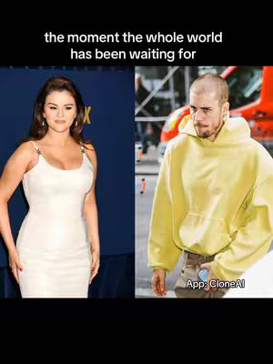 The image is split horizontally with two people on either side, the text overlay on the top. On the left, Selena Gomez is the main subject, facing the right, with her arms at her side, wearing a white dress. On the right is a man in a yellow hoodie, looking toward the bottom left of the image.