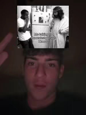 The cover image is a split of two scenes. The main portion is a selfie of a young man looking at the camera with a moderate smile, his hand partially visible at the bottom. Above the selfie, in a smaller frame, is a black and white meme depicting a man talking to a person who resembles Jesus with the text overlay "Me talking to the realest person I know".