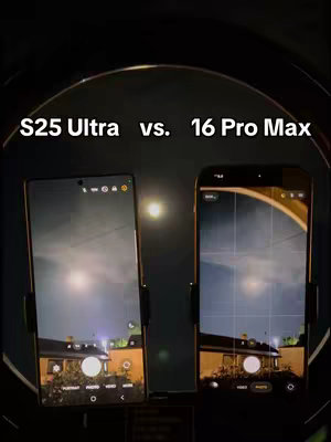 The image shows two smartphones side by side, illuminated by a central light source that resembles the moon. On the left is a Samsung S25 Ultra, and on the right, an iPhone 16 Pro Max. Both screens display a night scene featuring the moon. The background is dark with a circular halo, suggesting a nighttime setting or a specific lighting setup.