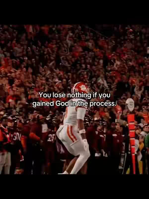 A football player in a white uniform with orange accents is shown mid-jump with the crowd and stadium lights in the background. Overlaid text in white states spiritual message against a black background.