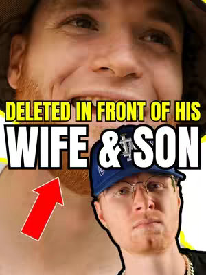 The cover image features a split composition with two close-up shots of a male individual. The top portion showcases a slightly blurred, open-mouthed face. Underneath, within a rectangular frame, is a focused shot of the same person wearing a blue baseball cap, glasses, and a silver chain. A large red arrow points toward the neck of the subject in the background.