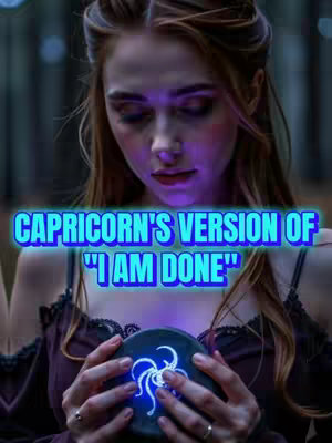 A woman with long brown hair gazes downward, holding a glowing orb with a Capricorn symbol. Text overlayed in a bold, blue, glowing font reads: 'CAPRICORN'S VERSION OF "I AM DONE"'. The background appears to be a blurred forest.