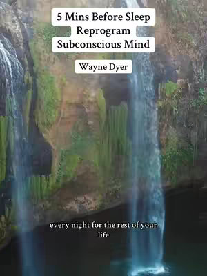 A serene image of a waterfall cascading down over lush green vegetation. In the background, there's a glimpse of the sky. Text overlays are positioned in the upper and lower sections.