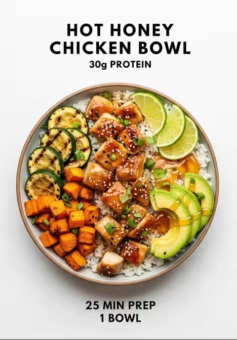 A top-down shot featuring a bowl of food artfully arranged on a light-colored surface. The bowl contains layers of ingredients: cooked rice at the base, topped with grilled zucchini slices, cubes of sweet potato, pieces of chicken, avocado slices, and lime wedges. The arrangement is visually balanced with a neutral background that highlights the colors of the food.