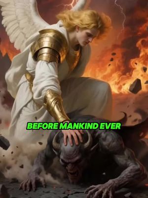 An AI-generated image depicts a kneeling archangel in white robes and gold armor, placing his hand on the head of a demon. The demon is dark and scowling, with horns, sharp teeth, and bat-like wings. The background is a mix of fiery orange and dark, stormy clouds, with lightning.