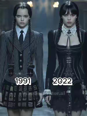 The cover image is a split screen showcasing two versions of the character Wednesday Addams. On the left, from 1991, she is wearing a black and white striped blazer, matching skirt, white collared shirt and a black tie. Her hair is styled in two braids. On the right, from 2022, she is wearing a black corset-style top with a white lace collar, and her hair is in two braids with bangs. The background is blurred and dark, suggesting a cinematic setting.