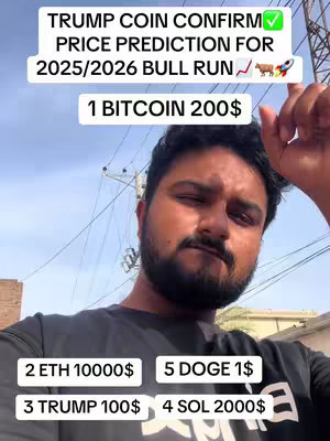 A man in a black t-shirt is centered, looking at the camera. Above his head, text predicts crypto prices. At the bottom are further price predictions in boxes.