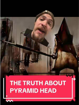 The image is a vertical video cover featuring a man and horror game imagery. The man, with dark hair and a beard, is positioned at the top in front of an image which is likely from a horror game. He is speaking, and his face is the focus. Beneath him is the text "THE TRUTH ABOUT PYRAMID HEAD" in large white font on a red background. The background is a still from the horror game which takes place inside of a rusty building.