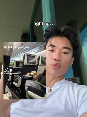 A split screen shows a person on the right side making a kissing face, while on the left is a person seated on a plane in front of a screen.