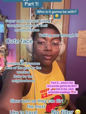 A person with glasses and headphones, wearing a yellow top, looks directly at the camera. Text overlays are arranged across the image in different boxes and speech bubbles.