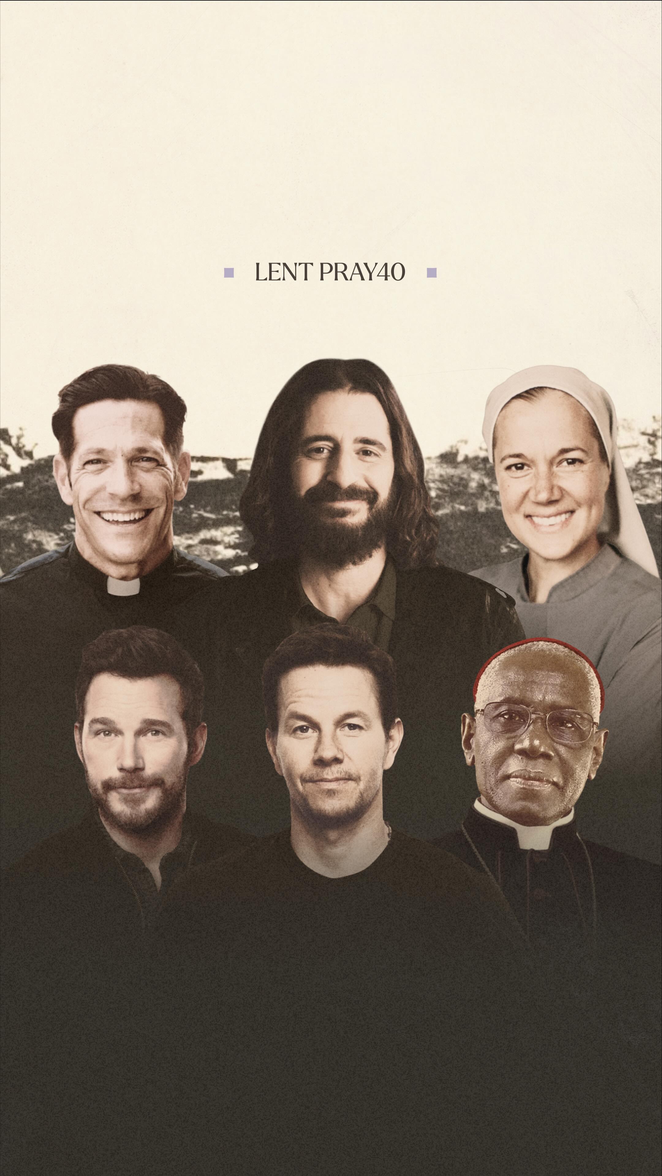 The cover image features a vertical composition with a light background and a collage of six people’s headshots. The subjects are arranged in two rows, with the top row including three figures and the bottom row featuring another three. The top row shows a person in a priest's collar smiling, with another person with long dark hair and a beard, the last one is a woman wearing a headscarf, also smiling. The bottom row incorporates two men and another male figure similar with the man in the first row. The text 'LENT PRAY40' is printed in a purple color and is displayed on the top of the image.