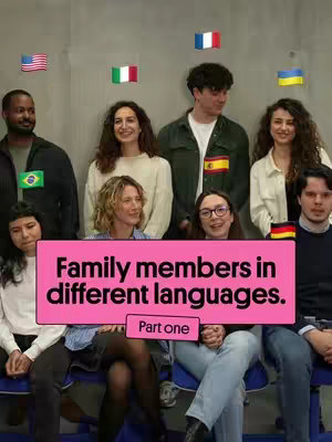A group of nine people stand in front of a grey wall. Above them are small flags of different countries. In the foreground, a pink banner with the text 'Family members in different languages. Part one' is placed.