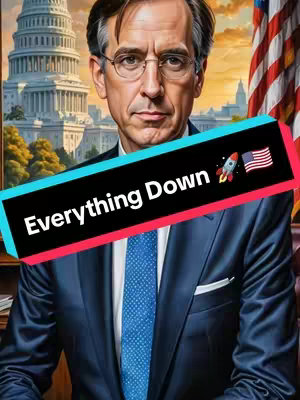 The image features a digitally enhanced portrait of a man in a suit, likely a government official, with the U.S. Capitol building and an American flag in the background, with the text overlay, everything down, in a contrasting black and teal bar with rocket ship and the USA flag, indicating a trend or topic addressed in the video related to downward trends, specifically in the context of the US.