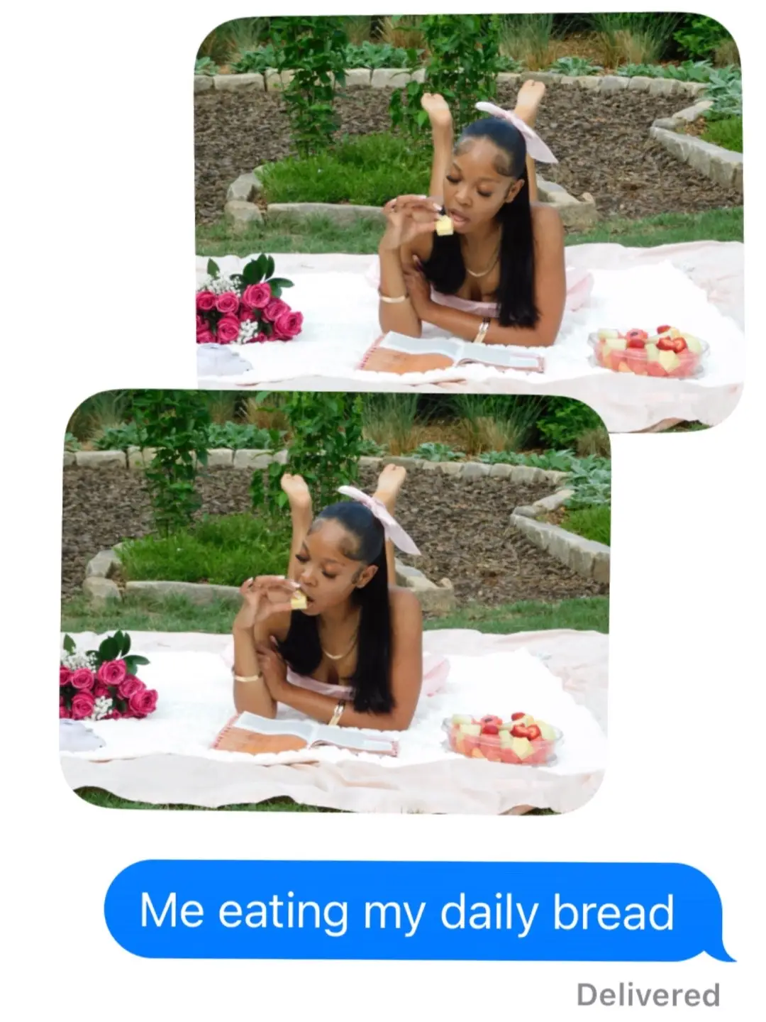 The image features a young woman lying on a white blanket in a garden setting, eating a piece of bread, alongside a bible and fruit. The text bubble with the message is an added visual element.