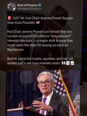 The cover image is a split view with a photo of Jerome Powell at the bottom and a composed text overlay with a black background. The text at the top states 'JUST IN: Fed Chair Jerome Powell Signals Rate Cuts Possible' in white.
