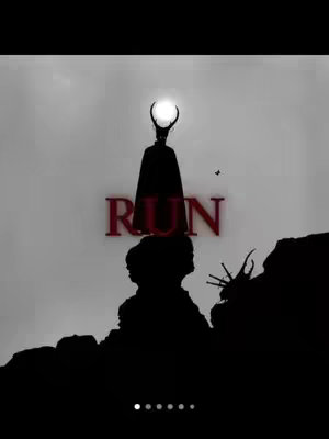 A black and white image that shows a silhouette of a figure with antlers and a bright light behind their head. Below is the word 'RUN'  in red.