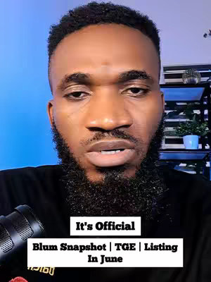 A close-up shot of a dark-skinned man with a short, curly haircut and a thick, well-groomed beard. He wears a black t-shirt and is speaking into a microphone. A text overlay at the bottom reads "It's Official Blum Snapshot | TGE | Listing In June". The background is a gradient blue with green plants and shelves on the right side.