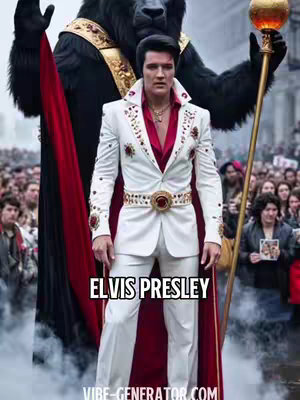 The cover image presents a vibrant, surreal composition. At the center, a person dressed as Elvis Presley in a white suit stands heroically, his gaze forward. Behind Elvis is a colossal, dark figure resembling a gorilla, draped in a gold-trimmed cape, contributing to the image's surreal quality. The background is a crowd of blurred figures, suggesting a parade or event. Red fabric drapes down from behind Elvis, enhancing the dynamic movement. The text overlay 'ELVIS PRESLEY' is in a bold, white font over a black banner. The bottom of the scene has branding 'VIBE-GENERATOR.COM'. The colors are vivid, mixing Elvis's bright attire with the dramatic contrast of the gorilla and the red drape.
