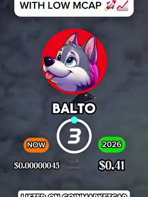 The image displays a cartoon wolf character on a dark background. The wolf has a playful expression with its tongue sticking out. Below the wolf is the word "BALTO" in white text. There are also price predictions.