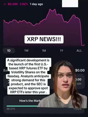 The cover image shows a woman with a concerned expression, overlaid on a screen displaying a financial graph that depicts a downward trend. Text reading "XRP NEWS!!!" is prominently placed, suggesting a focus on cryptocurrency updates.