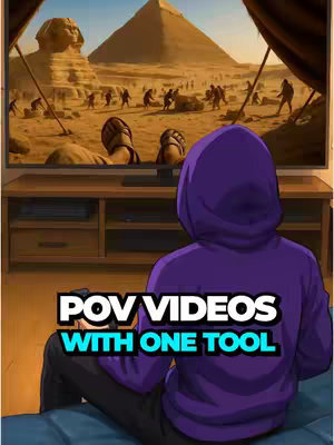 The image shows a person from the back, wearing a purple hoodie, sitting on a surface. They are looking at a large screen depicting a scene with the Sphinx and pyramids in the background. The colors are warm and slightly desaturated, there is text overlay at the bottom.