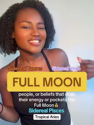A woman with curly black hair smiles, positioned in the frame with overlaid segmented text, including phrases like 'Sidereal Taurus', 'Full Moon', and 'Sidereal Pisces'. The woman is wearing a black top against a light-colored background.