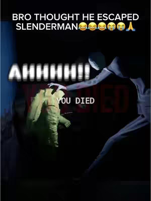 A vertical image with a dark, atmospheric background. The focal point is a scene depicting a horror game. The Slenderman figure is reaching towards another figure, which is wearing a yellow hazmat suit and lying on the ground. In the background, the word "YOU DIED" is prominently displayed.
