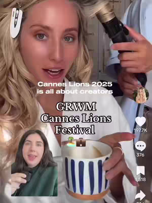 The cover image shows a woman in a bathroom setting. Text overlays the image with the event and description of the GRWM (Get Ready With Me) theme with a focus on the Cannes Lions Festival. In a smaller square below, another woman is shown on a video call demonstrating this point. A cup of steaming coffee in a festive mug adds context.