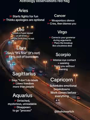 An image of a road at night with lights from vehicles and street lamps, overlayed with astrological signs and associated traits.