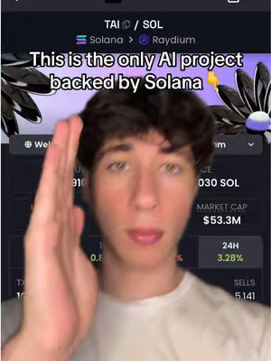 A young man with dark hair is in the foreground of the image, partially obstructed by his right hand, which is positioned near his face. Behind him, a digital display is showing cryptocurrency data. Text overlay on the upper third of the frame reads, 'This is the only AI project backed by Solana.' The color palette mainly incorporates dark blues and greens from the interface, contrasting with the man's light skin and the white of his t-shirt.