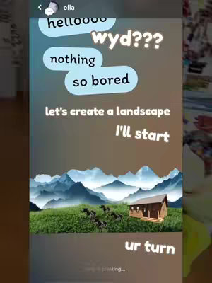 A vertical image depicting a collage-style scene. At the top, text bubbles with casual chat phrases are dispersed against a gradient background, starting with darker brown at the top and fading to purple, then light blue at the bottom. Below, a digital landscape is present with a grass field, mountains, a small house, and a dark sky. The overall layout evokes a casual and playful mood.