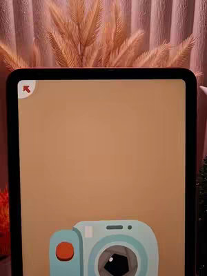 The image shows an iPad displaying a camera icon on its screen. The background features a blurred pink curtain and decorative, dried plants. The iPad is centered, with the camera icon taking up most of the screen. The overall composition is simple, highlighting the app interface against a soft, neutral backdrop.